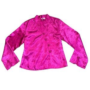 Claire's Rose Women's Pink Floral Satin V Neck Blouse Size Medium